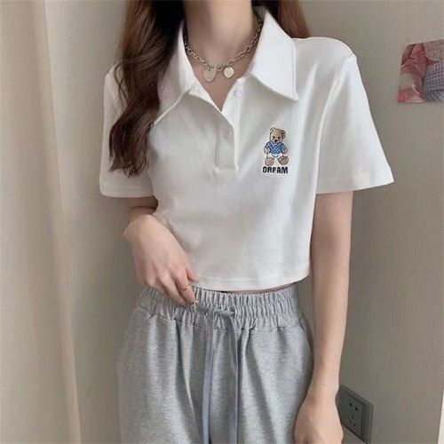 Bear print short-sleeved T-shirt women's polo collar top ins summer Korean version of the shoulder polo shirt was thin short top