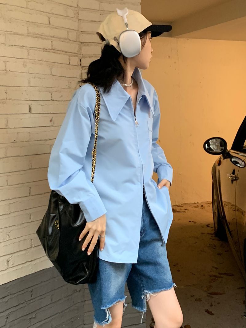 French retro design sense double zipper white POLO collar long-sleeved shirt women's autumn niche temperament loose top