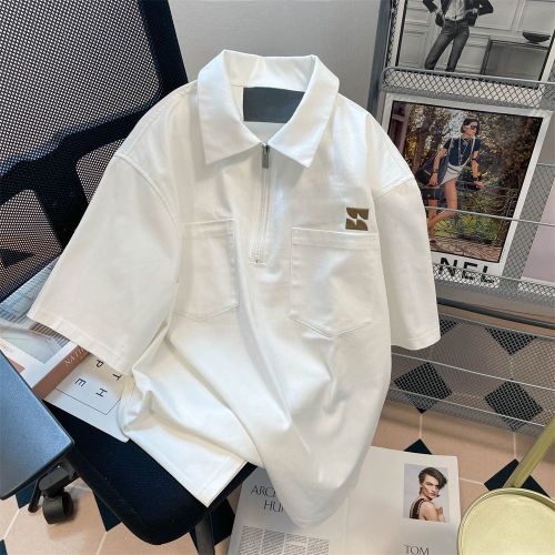 Japanese college style retro half zipper lapel polo shirt men and women summer high-end sense shoulder short-sleeved t-shirt top