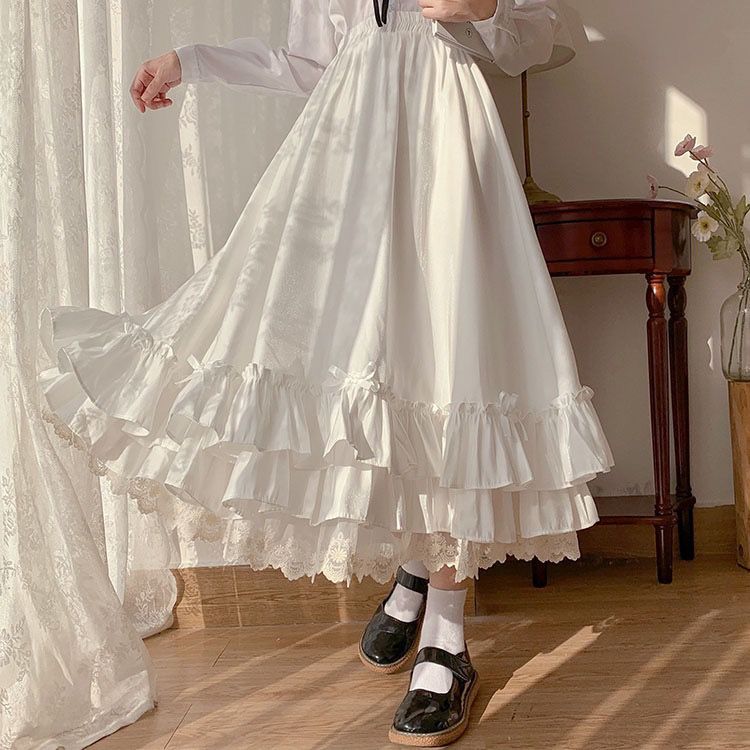 Japanese new lace double-layer skirt women's high waist design loose and thin skirt + preppy style all-match shirt trendy