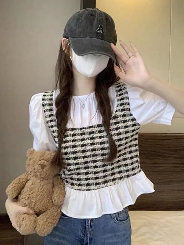 Summer beautiful western-style shirt French fake two-piece short-sleeved shirt ladies design sense niche sweet chic top