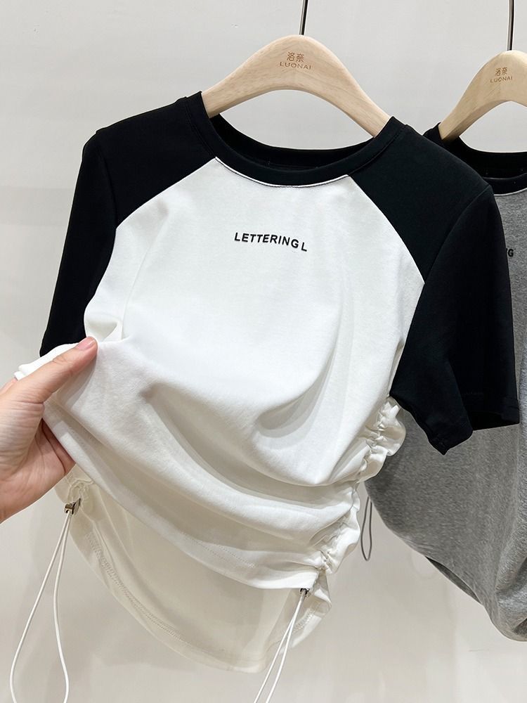 Front shoulder raglan shoulder short-sleeved t-shirt female student summer dress waist design sense niche chic 2023 new drawstring top