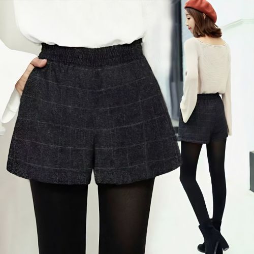 Plaid woolen shorts women's high waist plus size 200 catties loose and thin  autumn and winter fashion wide-leg woolen boots pants