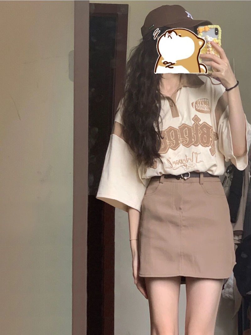 American retro polo shirt short-sleeved t-shirt women's summer loose ins design sense niche chic Hong Kong flavor half-sleeved top
