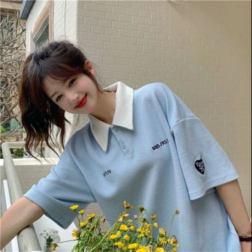 Guochao tide brand short-sleeved T-shirt women's summer new Korean version Polo collar fashion ins all-match pullover casual top tide