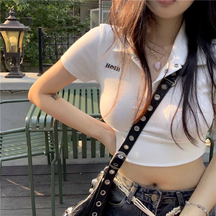 Polo collar shirt lapel short-sleeved t-shirt women's short summer 2023 new Korean version design sense niche ins top