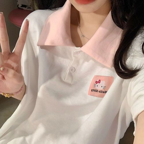 Milky sweet design feeling niche front shoulder polo shirt short-sleeved t-shirt women loose Korean version oversize thin top women
