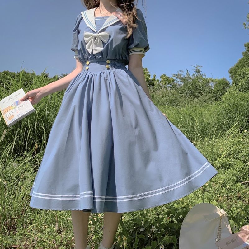 Korean version of color-blocking college wind dress female summer new student all-match loose navy collar fairy a-line skirt