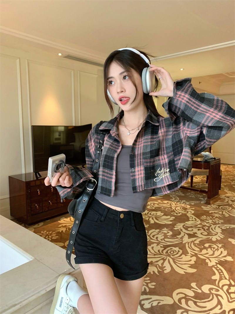 Plaid POLO collar long-sleeved shirt short jacket sweet cool suit female summer hot girl camisole two-piece set