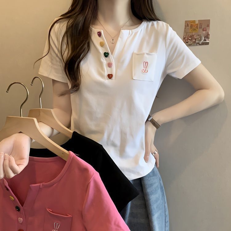 Three-dimensional decoration design sense short-sleeved t-shirt women's summer 2023 new women's decoration body slim lazy top women's ins