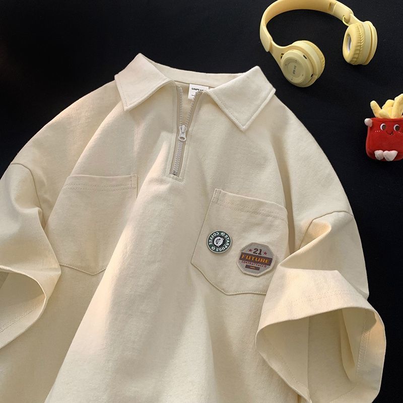 American retro half zipper POLO shirt short-sleeved T-shirt female summer loose couple half-sleeved top