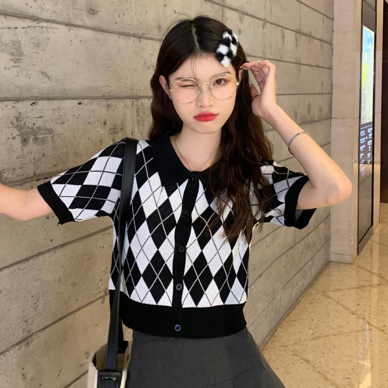 Real shot real price babes niche design sense rhombic knitted sweater plaid short section slim short-sleeved polo shirt top