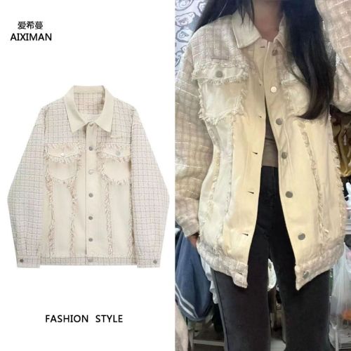 Xiaoxiangfeng Stitching Raw Edge Button Denim Jacket Women's Spring New Design Sense Korean Version Loose Student Tops Trendy