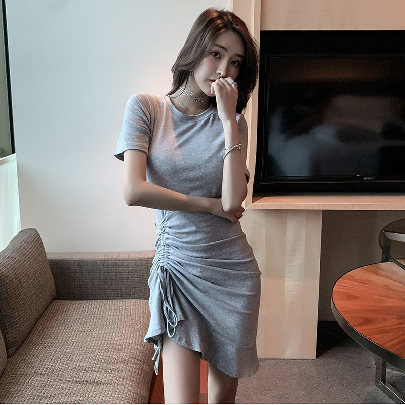 Drawstring adjustable ruffled skirt net red sexy waist tie mermaid skirt summer short-sleeved dress women's clothing