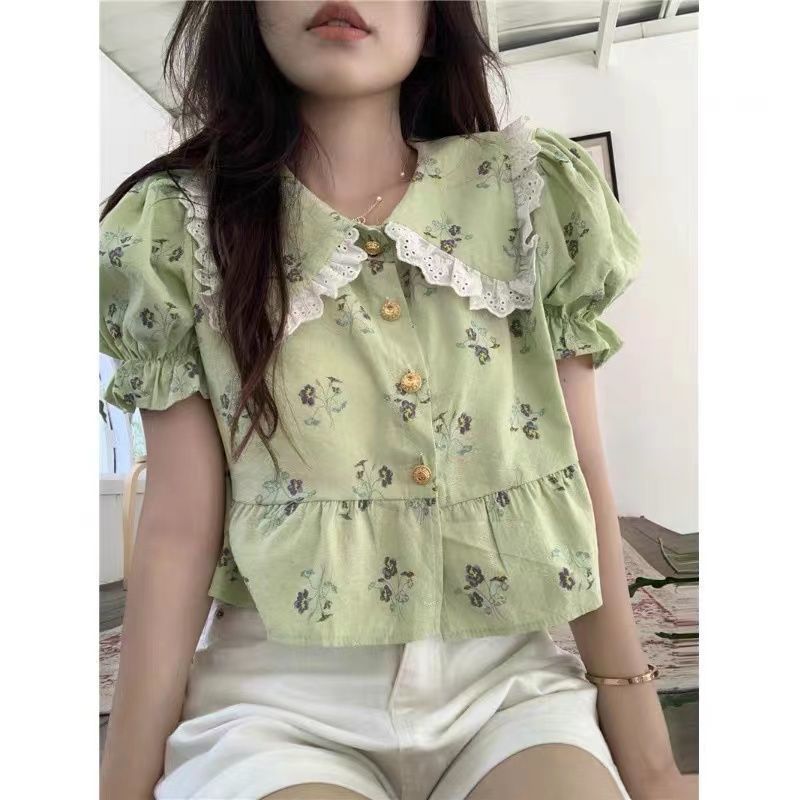Soft girl sweet puff sleeve doll collar short section design sense niche short-sleeved floral shirt top female summer chic