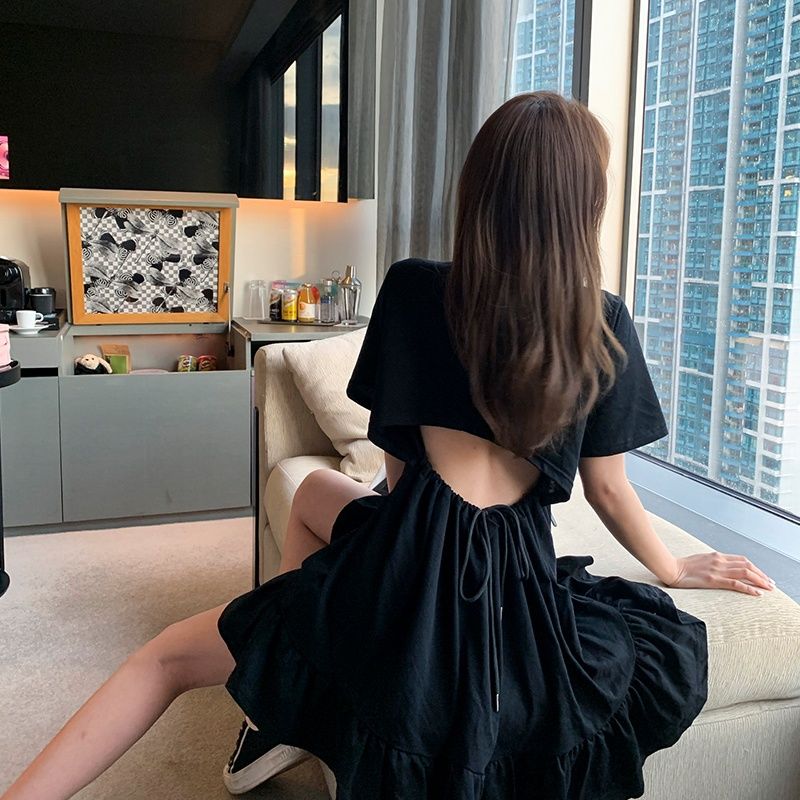 Slim backless fairy dress female summer sexy high waist short-sleeved temperament platycodon skirt Korean version ruffle skirt