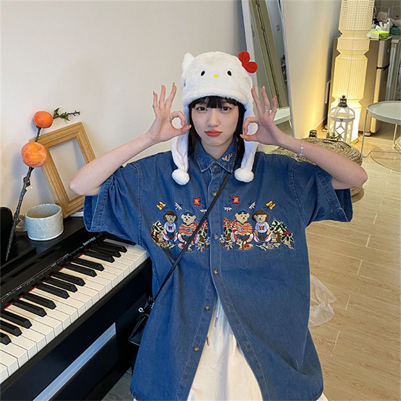 2023 Spring and Summer New Loose Short-sleeved Denim Medieval Embroidery Retro Childlike Couple Retro Old Shirt Women