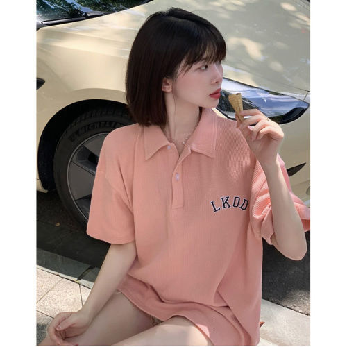Pink waffle short-sleeved polo shirt women's summer Korean letter printing loose ins college style lapel half-sleeve