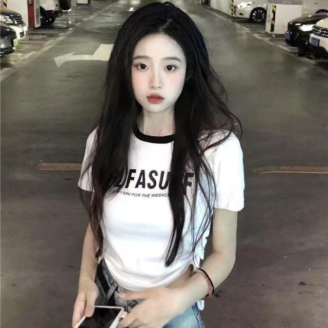 American style front shoulder t-shirt summer design sense drawstring short top niche slim slim chic hot girl short top
