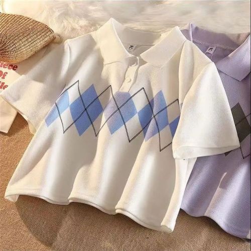 Retro short rhombus trend female summer ins new sweet and spicy thin polo collar short-sleeved student T-shirt top clothes