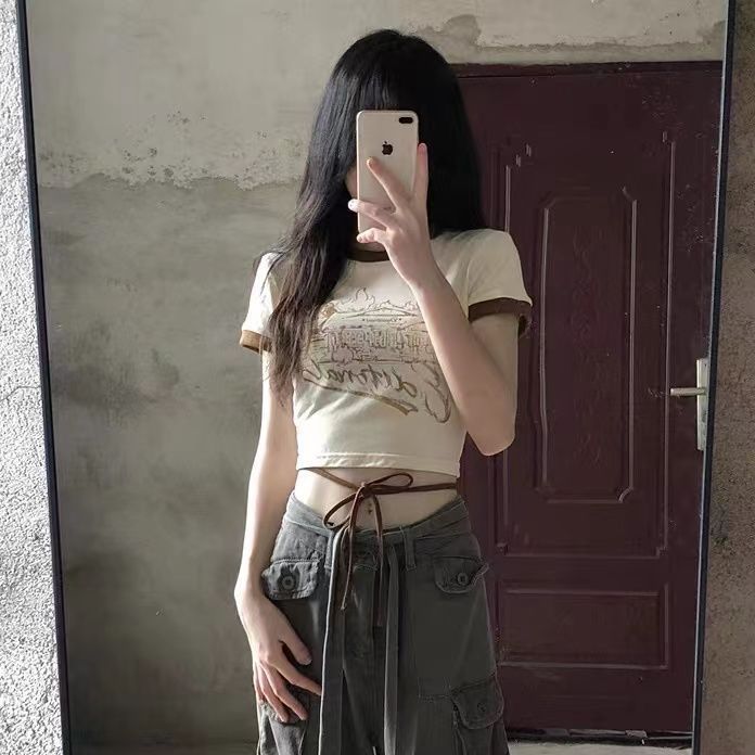 Very Nice [Pure Desire Hong Kong Style] Harajuku BF New Personality T-shirt INS Bare Navel Hot Girl Super Hot Retro Short-sleeved Trend