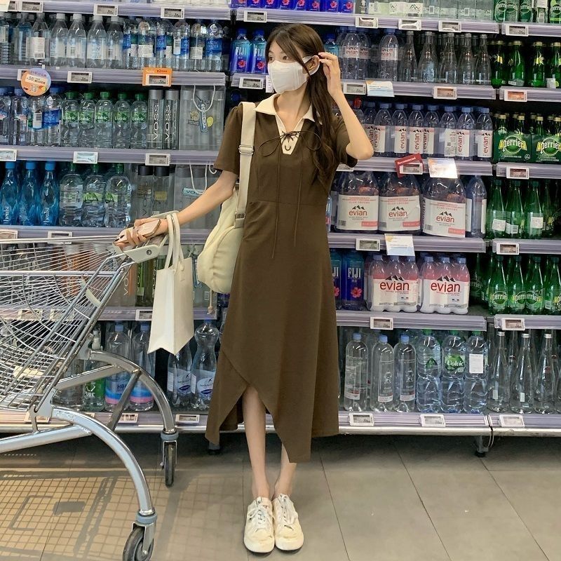 Mori first love skirt polo collar 2023 summer new female chic short-sleeved skirt niche design mid-length skirt