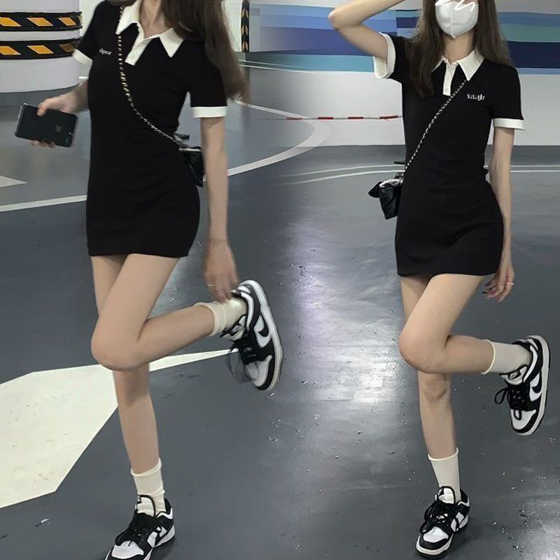 Hot girl POLO collar waist dress women's autumn new self-cultivation slimming small person pure desire to wrap buttocks bottoming skirt