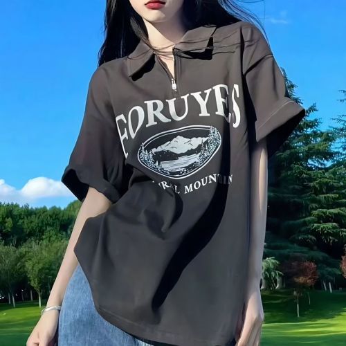 American retro trendy brand design sense zipper Polo shirt short-sleeved female summer student loose all-match lapel top
