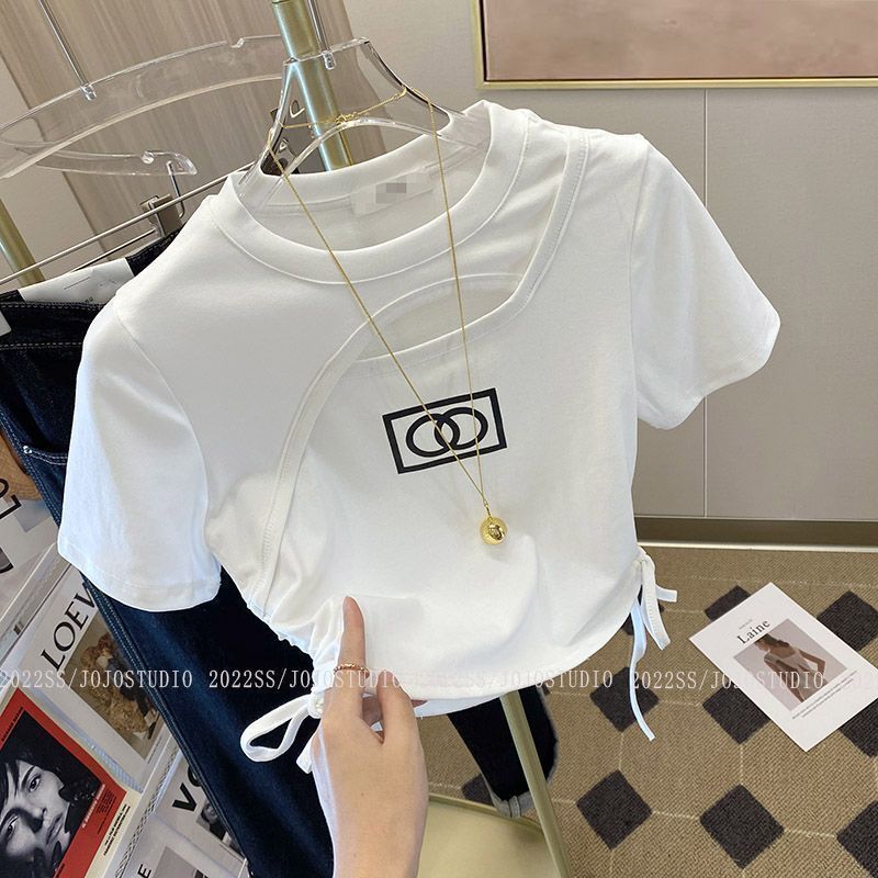 Korean hot girl exposed navel summer new short section slim letter hollow short-sleeved short-sleeved t-shirt for women