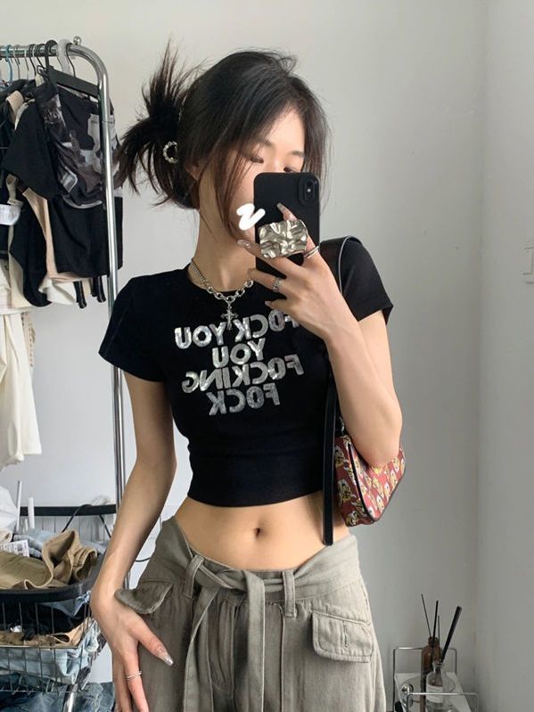 2023 front shoulder short T-shirt women's short-sleeved summer new letters Slim slim hot girl navel top ins tide