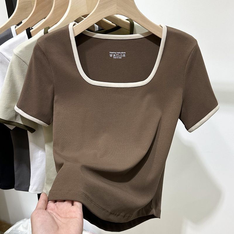 Short-sleeved t-shirt women's summer 2023 new square collar foreign style fashion bottoming shirt with T-shirt slim-fit basic top