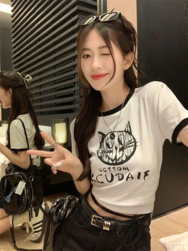 Color-blocking shoulder short-sleeved T-shirt women's summer 2023 new cat letter printing slim fit and thin short top ins