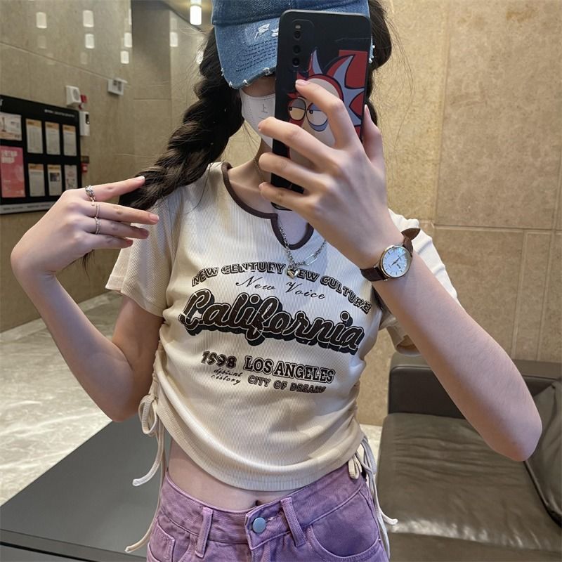 Pure desire American retro drawstring hit color V-neck short-sleeved T-shirt women's summer irregular thin short sweet hot girl top