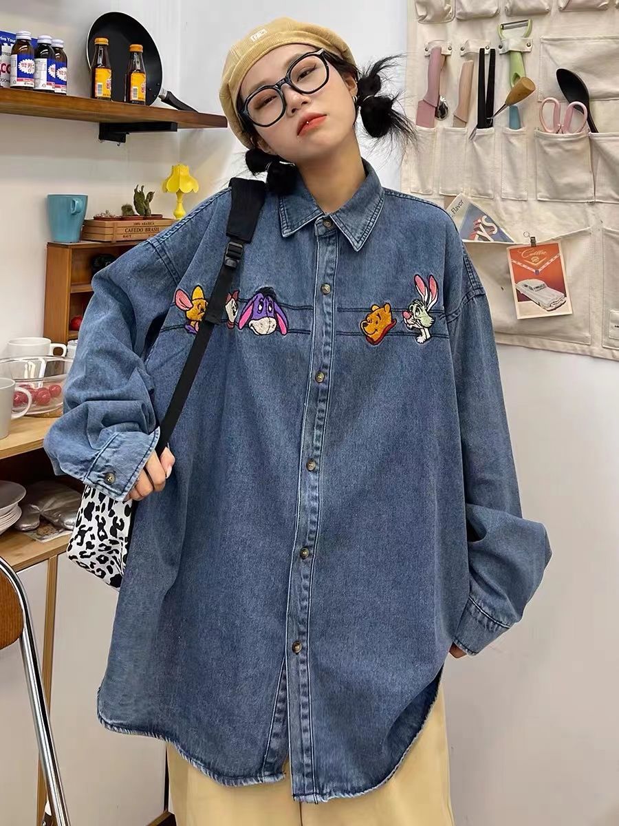 Japanese cartoon embroidery denim shirt female 2023 spring and autumn new loose bf childlike retro all-match jacket tide