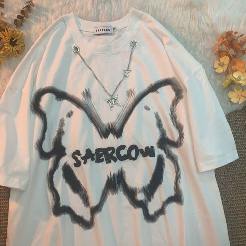 Harajuku retro butterfly print loose short-sleeved T-shirt over there niche design necklace couple tops ins trendy brand