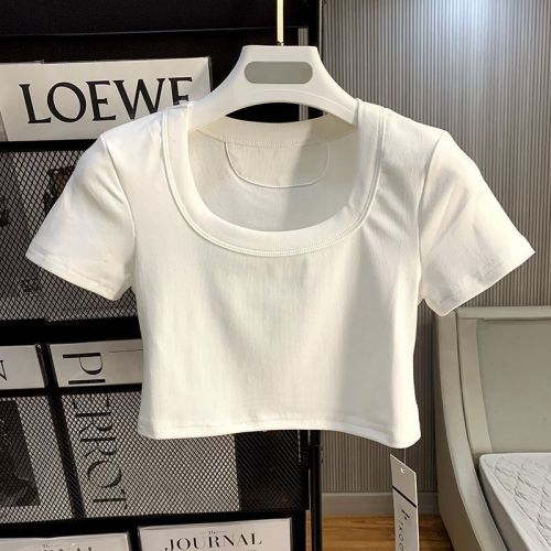French hot girl summer dress white slim U-neck navel short-sleeved T-shirt female 2023 new short high waist ins top
