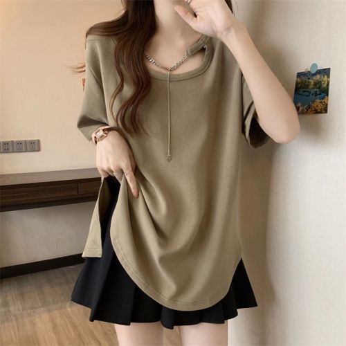 Short-sleeved T-shirt women's summer 2023 new loose and thin all-match mid-length large-size design sense bottoming shirt top