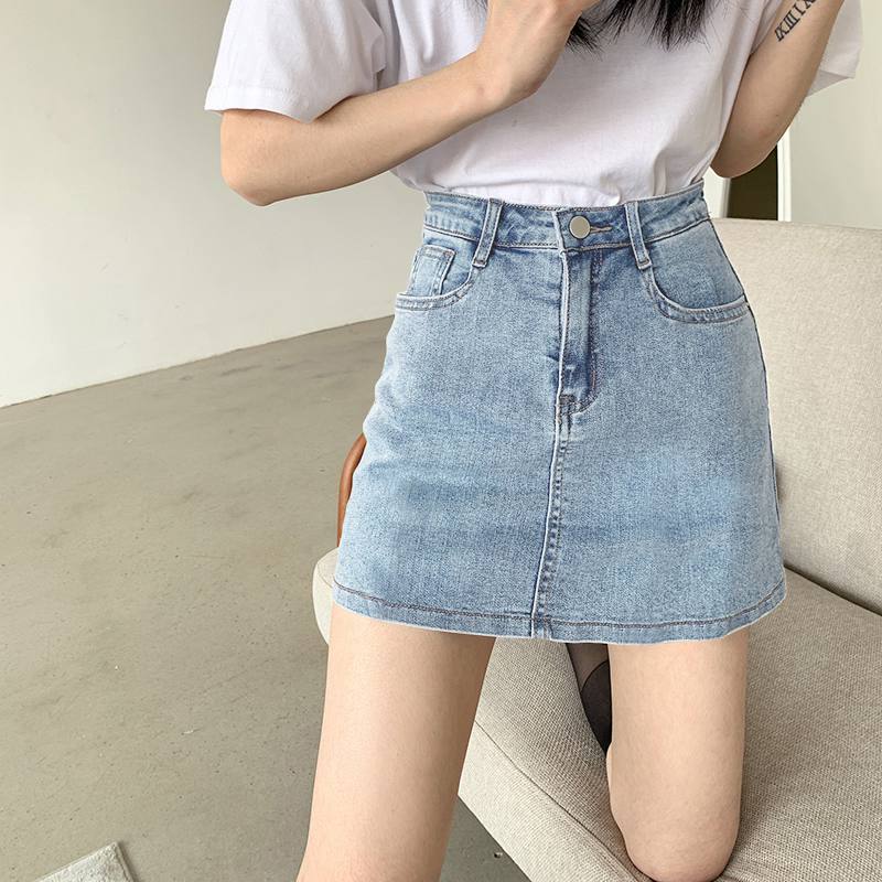 Spring and summer new high-waisted denim short skirt women look thin all-match a-line skirt students all-match light-colored skirt