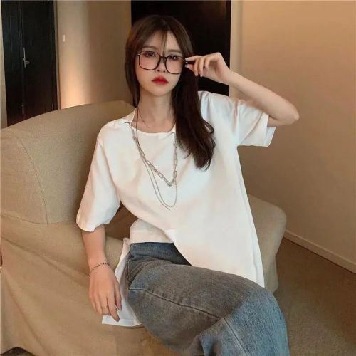Irregular short-sleeved T-shirt women's summer Korean version  new design sense niche loose white chic top tide