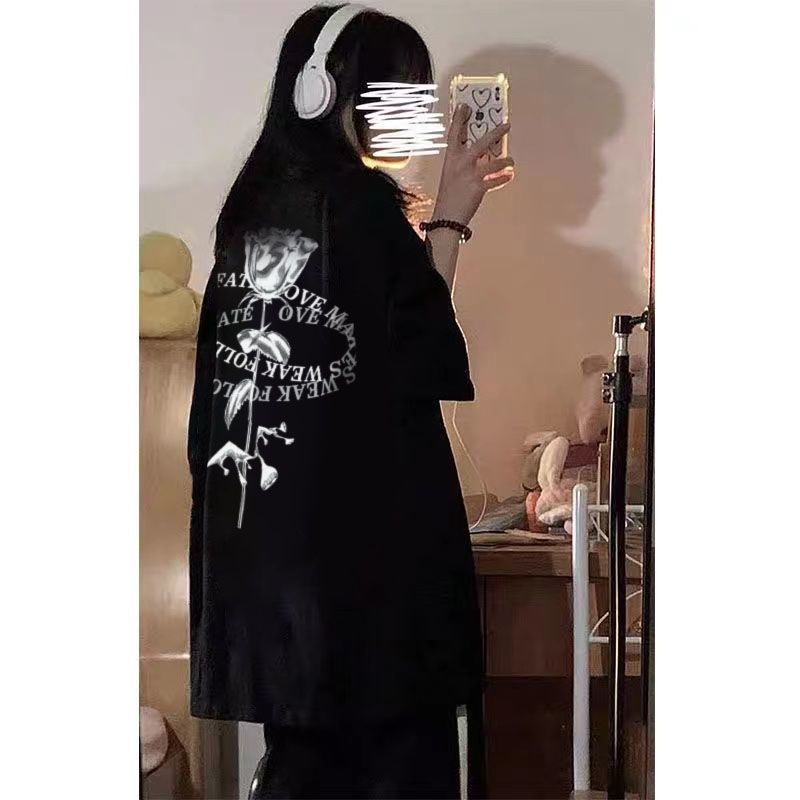 100% non-pilling short-sleeved T-shirt women's 2023 summer new loose design retro rose print top tide