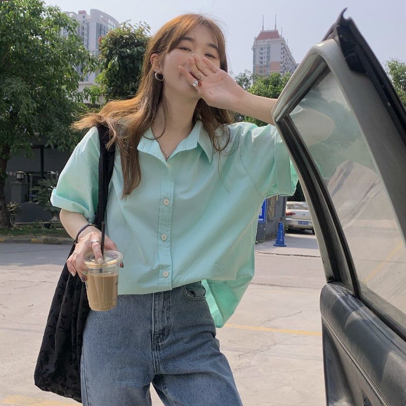 Summer Korean version 2023 new loose simple style POLO collar foreign style fashion short-sleeved shirt top women's fashion