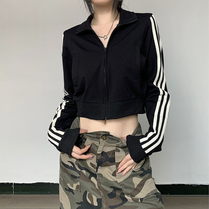 Fashionable and versatile casual three-bar basic POLO collar long-sleeved jacket 2022 early autumn new hot girl crop top