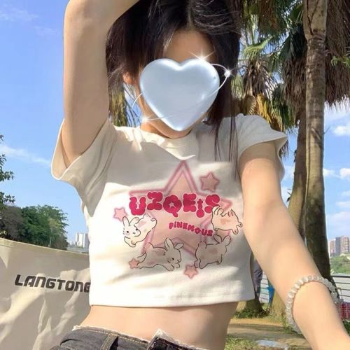 Front shoulder short printed short-sleeved t-shirt women's summer new style self-cultivation slim sweet hot girl pure desire wind navel top ins tide