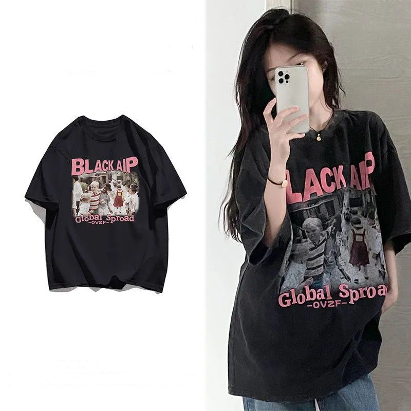 2023 new summer short-sleeved t-shirt female students loose half-sleeved t-shirt female printed top clothes women's clothing ins national tide