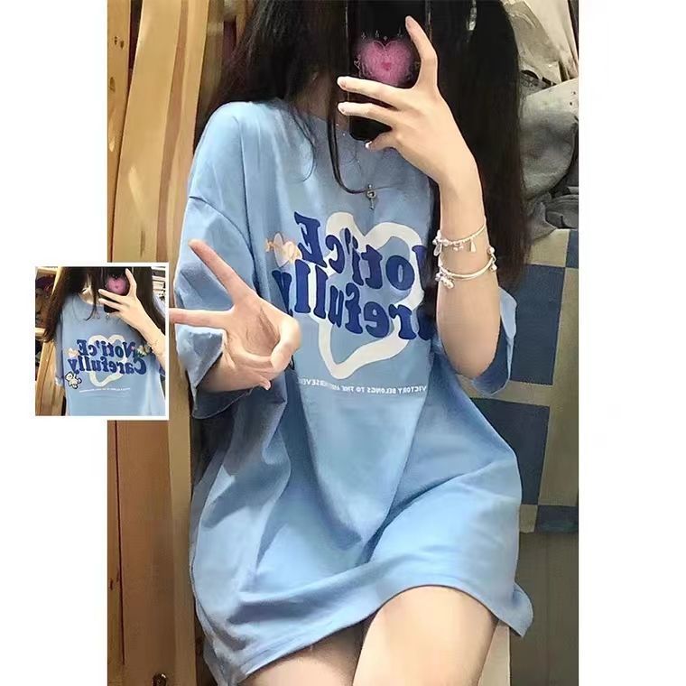 Harajuku style short-sleeved t-shirt summer blue ins tide brand loose Korean version design sense niche tops couple t-shirts