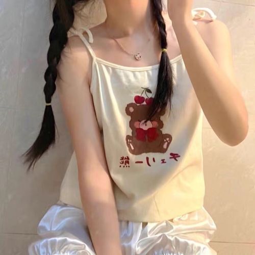 Summer new Japanese soft girl cute bear print tie belt inside and outside wear looks thin short small camisole for women