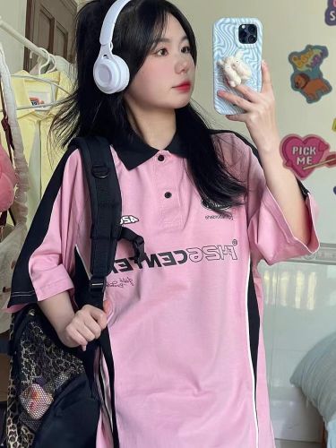 Female college students national tide brand summer hip-hop loose casual racing elements hit color stitching short-sleeved pink POLO shirt