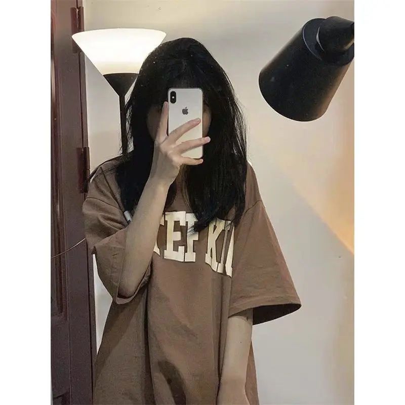 Brown short-sleeved t-shirt women's summer new American letter fried street loose all-match Korean half-sleeved bf wind top