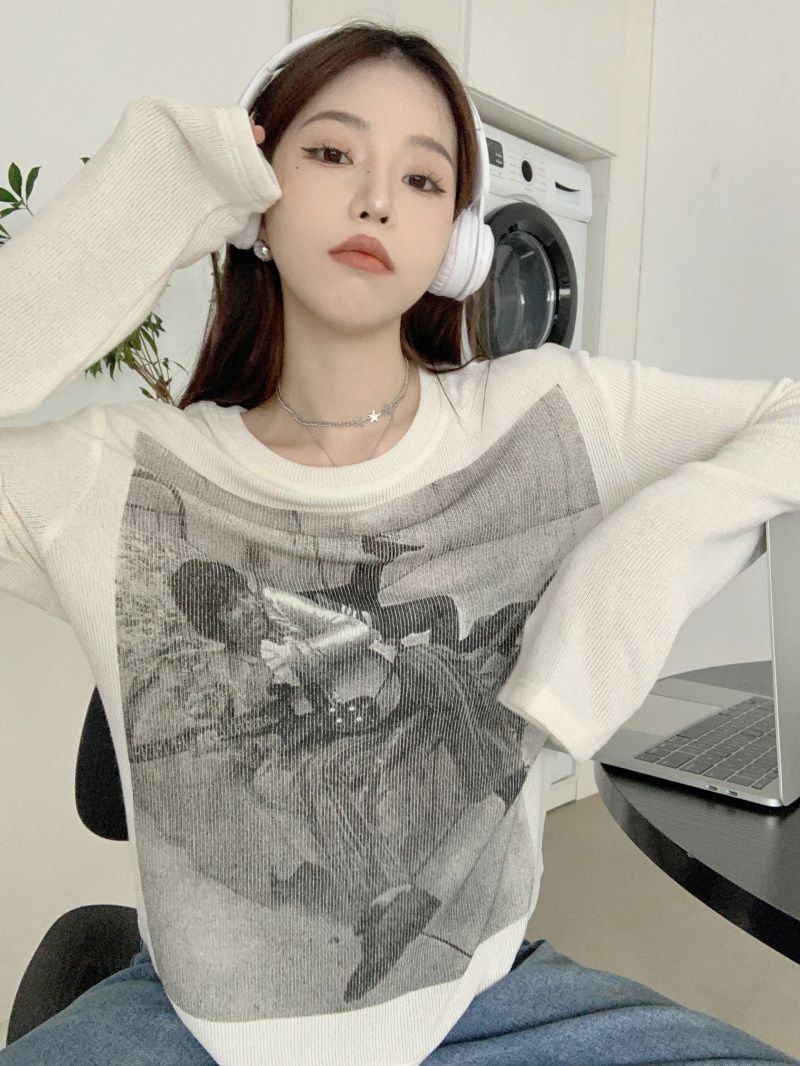 American style white long-sleeved shoulder knit T-shirt inner bottoming shirt female spring and autumn loose design chic small top