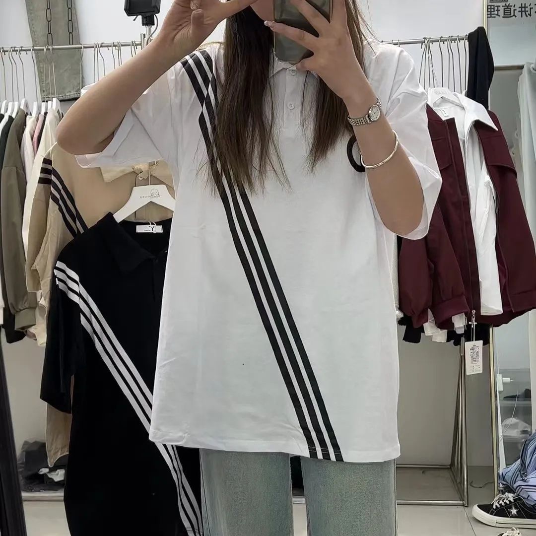 2023 summer new three-bar polo shirt short-sleeved T-shirt women's casual simple couple top half-sleeved